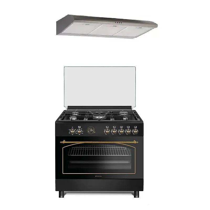 Pachet Aragaz rustic 5 arzatoare gaz, Negru, 90 cm, Ravena Antracit Studio Casa,  rotisor, cuptor electric cu ventilatie, Gratare fonta + Hota ST2196 inox - Studiocasa.ro