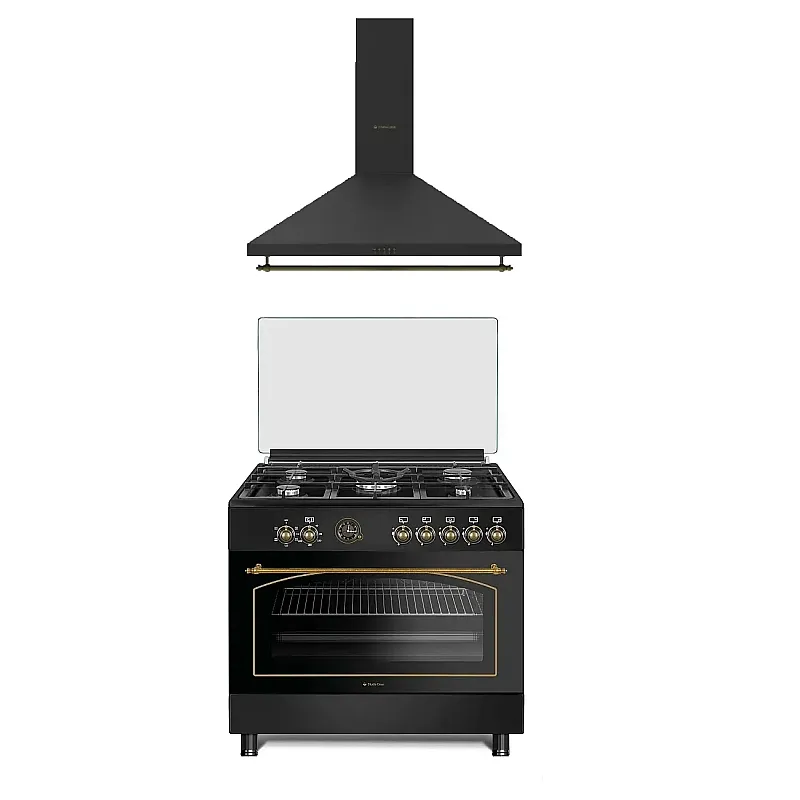 Pachet Aragaz rustic 5 arzatoare gaz, Negru, 90 cm, Ravena Antracit Studio Casa,  rotisor, cuptor electric cu ventilatie, Gratare fonta + Tosca Turbo 90 cm - Studiocasa.ro