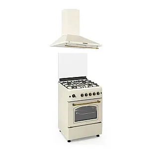 Pachet Aragaz rustic Studio Casa Viva Sierra 60 x 60 cm, Cuptor Gaz+ Ventilatie Turbo, 4 ochiuri gaz, Rotisor, Grill gaz, Gratare fonta, Crem +Hota decorativa 60 cm Onda Retro