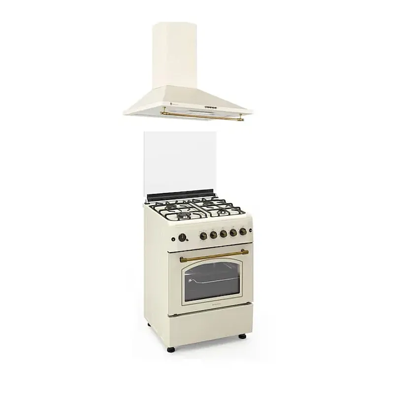 Pachet Aragaz rustic Studio Casa Viva Sierra 60 x 60 cm, Cuptor Gaz+ Ventilatie Turbo, 4 ochiuri gaz, Rotisor, Grill gaz, Gratare fonta, Crem +Hota decorativa 60 cm Onda Retro - Studiocasa.ro