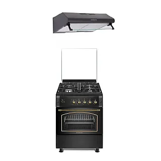 Pachet Aragaz rustic Studio Casa Viva Sierra 60 x 60 cm, Cuptor Gaz+ Ventilatie Turbo, 4 ochiuri gaz, Rotisor, Grill gaz, Gratare fonta, Negru antracit +Hota Clasica Alfa Black 2 Motoare , Studio Casa