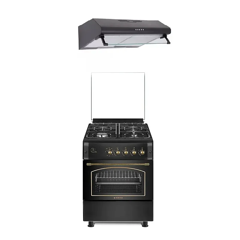 Pachet Aragaz rustic Studio Casa Viva Sierra 60 x 60 cm, Cuptor Gaz+ Ventilatie Turbo, 4 ochiuri gaz, Rotisor, Grill gaz, Gratare fonta, Negru antracit +Hota Clasica Alfa Black 2 Motoare , Studio Casa - Studiocasa.ro