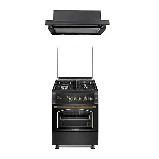 Pachet Aragaz rustic Studio Casa Viva Sierra 60 x 60 cm, Cuptor Gaz+ Ventilatie Turbo, 4 ochiuri gaz, Rotisor, Grill gaz, Gratare fonta, Negru antracit +Hota incorporabila telescopica Studio Casa Wind Turbo Black