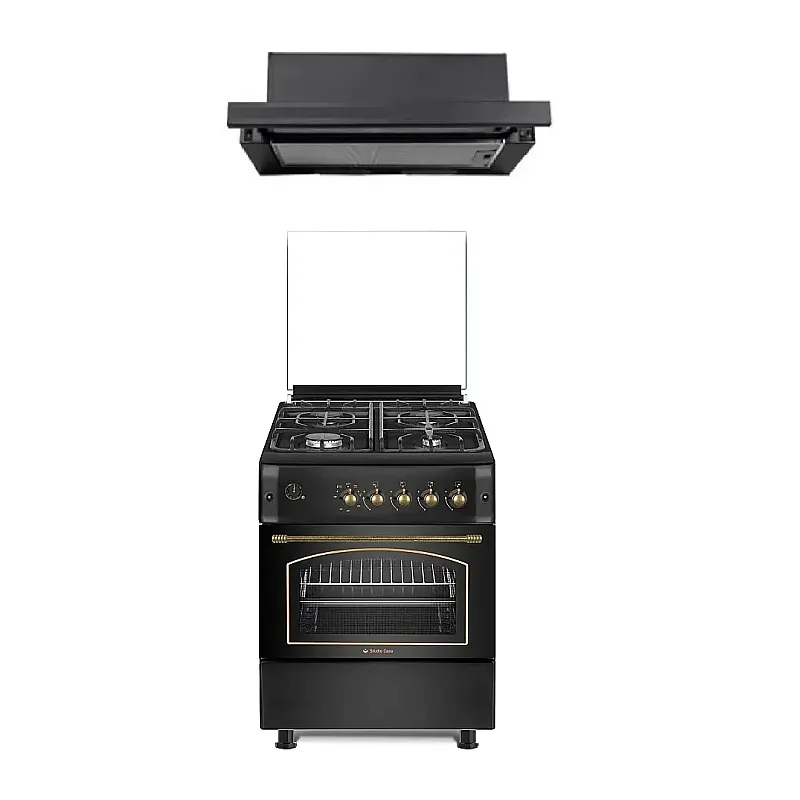 Pachet Aragaz rustic Studio Casa Viva Sierra 60 x 60 cm, Cuptor Gaz+ Ventilatie Turbo, 4 ochiuri gaz, Rotisor, Grill gaz, Gratare fonta, Negru antracit +Hota incorporabila telescopica Studio Casa Wind Turbo Black - Studiocasa.ro