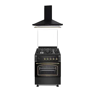 Pachet Aragaz rustic Studio Casa Viva Sierra 60 x 60 cm, Cuptor Gaz+ Ventilatie Turbo, 4 ochiuri gaz, Rotisor, Grill gaz, Gratare fonta, Negru antracit+Hota decorativa 60 cm Onda Retro