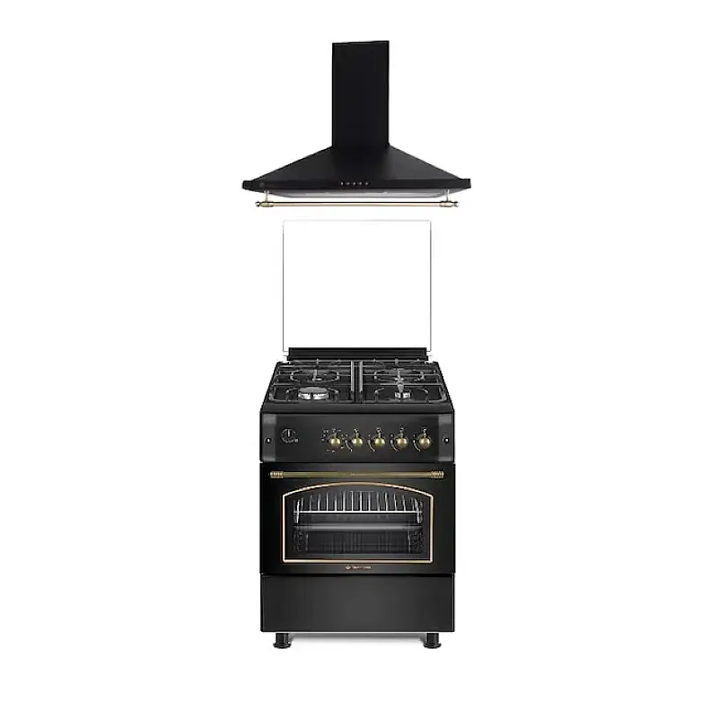 Pachet Aragaz rustic Studio Casa Viva Sierra 60 x 60 cm, Cuptor Gaz+ Ventilatie Turbo, 4 ochiuri gaz, Rotisor, Grill gaz, Gratare fonta, Negru antracit+Hota decorativa 60 cm Onda Retro - Studiocasa.ro