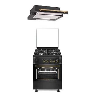 Pachet Aragaz rustic Studio Casa Viva Sierra 60 x 60 cm, Cuptor Gaz+ Ventilatie Turbo, 4 ochiuri gaz, Rotisor, Grill gaz, Gratare fonta, Negru antracit+Hota incorporabila telescopica, 60 cm, Studio Casa Lean Retro-Nero, 2 motoare, 3 viteze