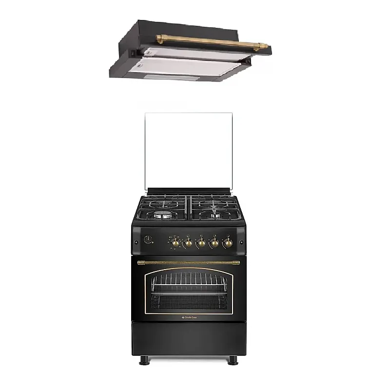 Pachet Aragaz rustic Studio Casa Viva Sierra 60 x 60 cm, Cuptor Gaz+ Ventilatie Turbo, 4 ochiuri gaz, Rotisor, Grill gaz, Gratare fonta, Negru antracit+Hota incorporabila telescopica, 60 cm, Studio Casa Lean Retro-Nero, 2 motoare, 3 viteze - Studiocasa.ro