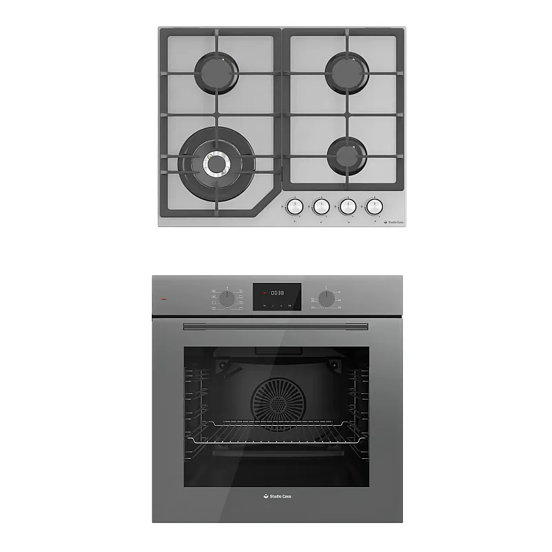 Pachet cuptor electric incorporabil si plita gaz sticla Duo Modern Parma Glass Grey Studio Casa, 6 functii, Ventilator, Display Touch control, Timer digital, Sticla gri - Studiocasa.ro