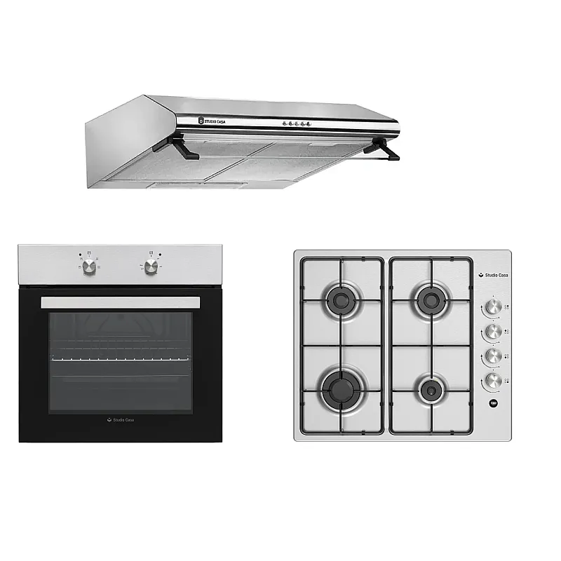 Pachet cuptor electric, plita gaz si hota clasica Mirage Traditional Studio Casa, 2300 W, Clasa A, 72, 4 arzatoare gaz, 2 motoare, Inox - Studiocasa.ro