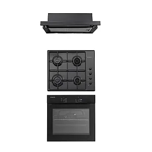 Pachet cuptor electric, plita gaz si hota telescopica Wind Iseo Black Studio Casa, 56 l, Clasa energetica A, 6 functii, 4 arzatoare gaz, Negru