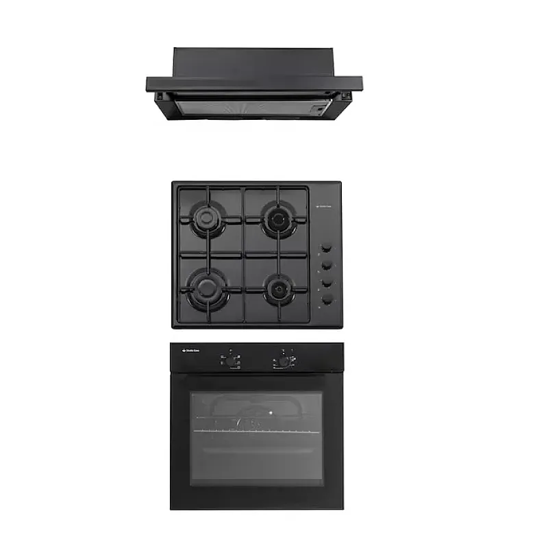 Pachet cuptor electric, plita gaz si hota telescopica Wind Iseo Black Studio Casa, 56 l, Clasa energetica A, 6 functii, 4 arzatoare gaz, Negru - Studiocasa.ro