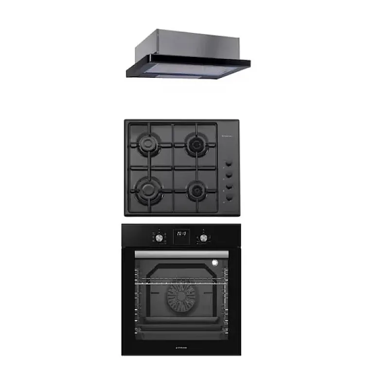 Pachet incorporabil Ambra Black Studio Casa, Cuptor electric multifunctional, plita gaz si hota telescopica, 8 functii, Ventilator, Timer digital, 80 l, Negru - Studiocasa.ro