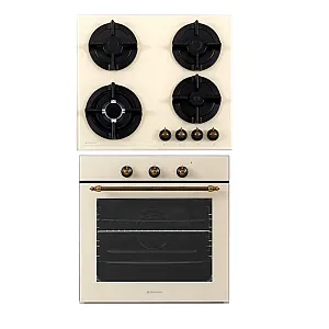 Pachet incorporabil rustic Studio Casa Viva Parma Glass Beige, Cuptor electric multifunctional si plita gaz, 8 functii, Ventilator, Grill, Clasa A, Sticla beige
