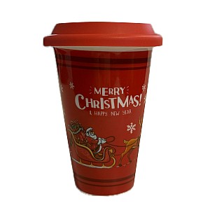 Pahar ceramic cu capac din silicon, Model de Craciun, 450 ml