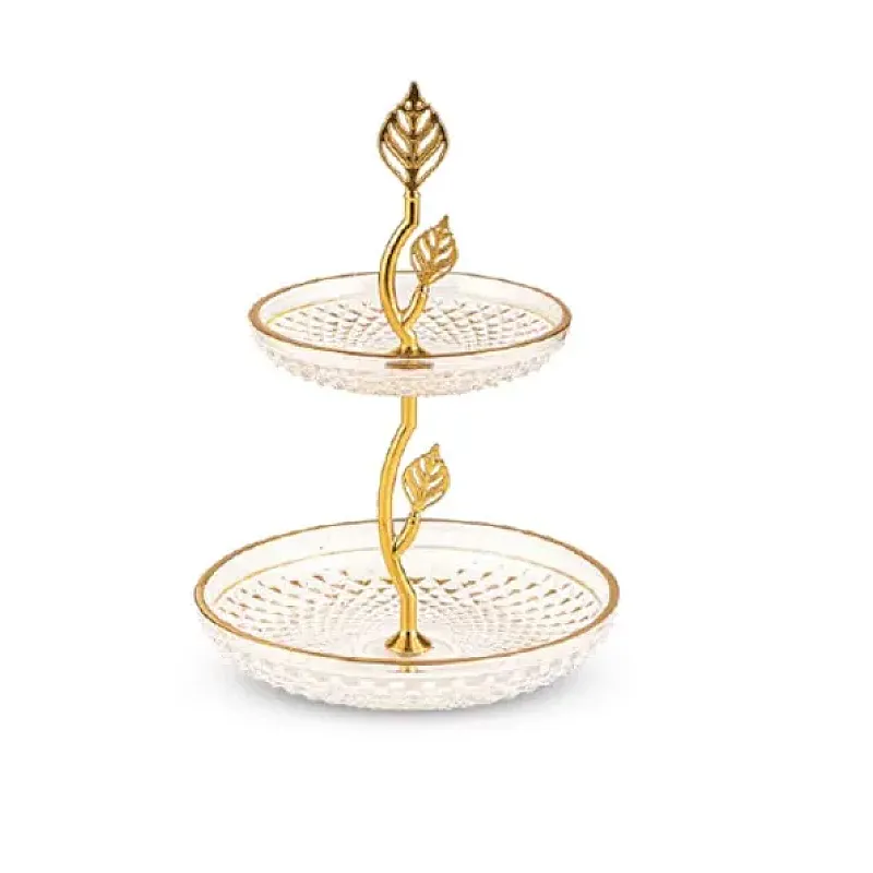 Platou rotund din sticla cu 2 nivele, Deco Art, Diametru 20 cm, Finisaje aurii - Studiocasa.ro