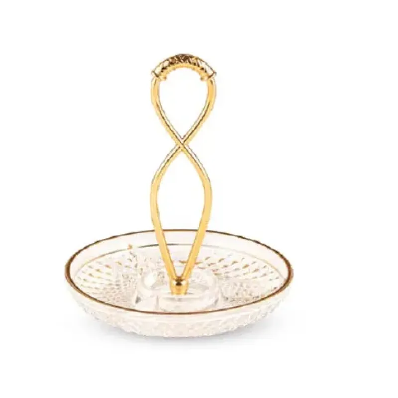 Platou rotund din sticla cu 3 compartimente, Deco Art, Diametru 20 cm, Maner rasucit, Finisaje aurii - Studiocasa.ro