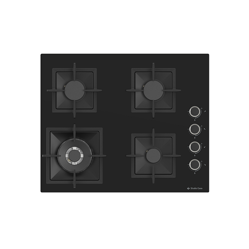 Plita gaz incorporabila Studio Casa VIVA CRY 60 Blk Glass, Gratare fonta, 4 arzatoare gaz, Wok , Aprindere electrica, Sticla neagra - Studiocasa.ro