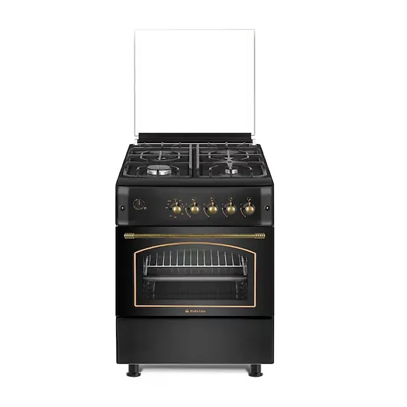 Pachet Aragaz rustic Studio Casa Viva Sierra 60 x 60 cm, Cuptor Gaz+ Ventilatie Turbo, 4 ochiuri gaz, Rotisor, Grill gaz, Gratare fonta, Negru antracit +Hota incorporabila telescopica Studio Casa Wind Turbo Black - Studiocasa.ro