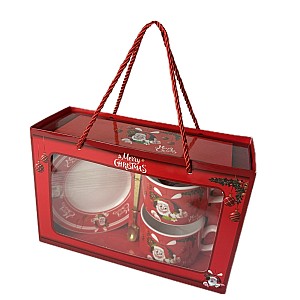 Set cadou Craciun cu 2 cani, 2 farfurii, 2 lingurite din ceramica in cutie eleganta