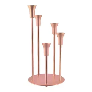 Suport lumanare metalic cu 5 brate Deco Art, Diametru baza 17 cm, Inaltime 35 cm, Roze Gold
