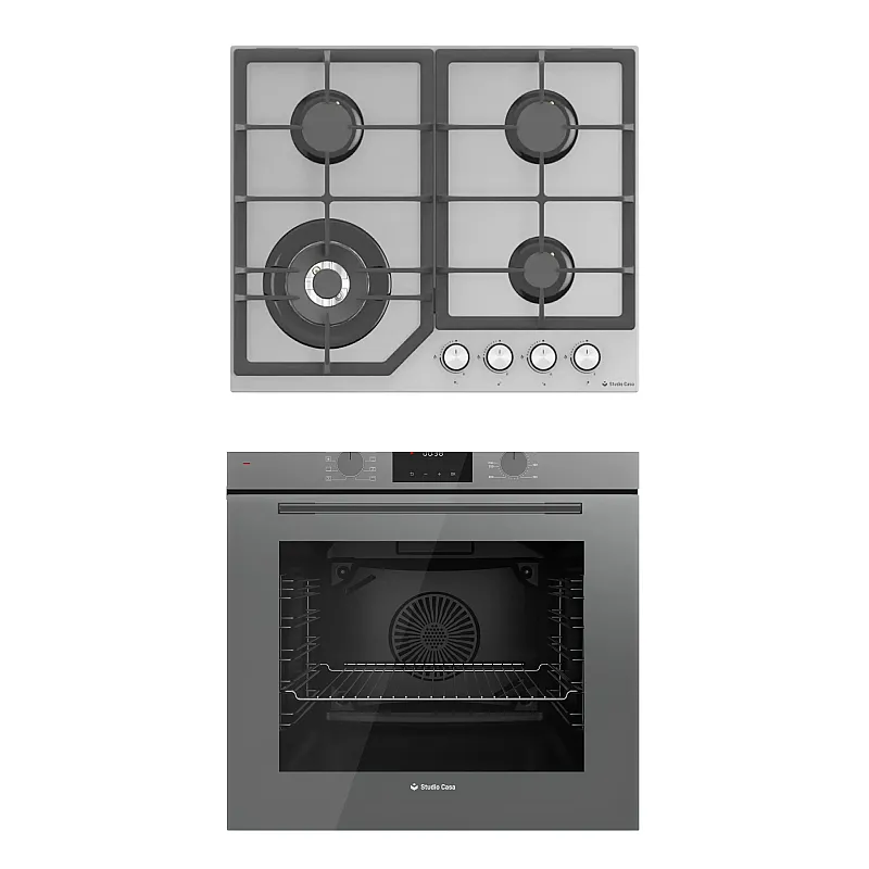 Pachet cuptor electric incorporabil si plita gaz sticla Duo Modern Parma Glass Grey Studio Casa, 6 functii, Ventilator, Display Touch control, Timer digital, Sticla gri - Studiocasa.ro