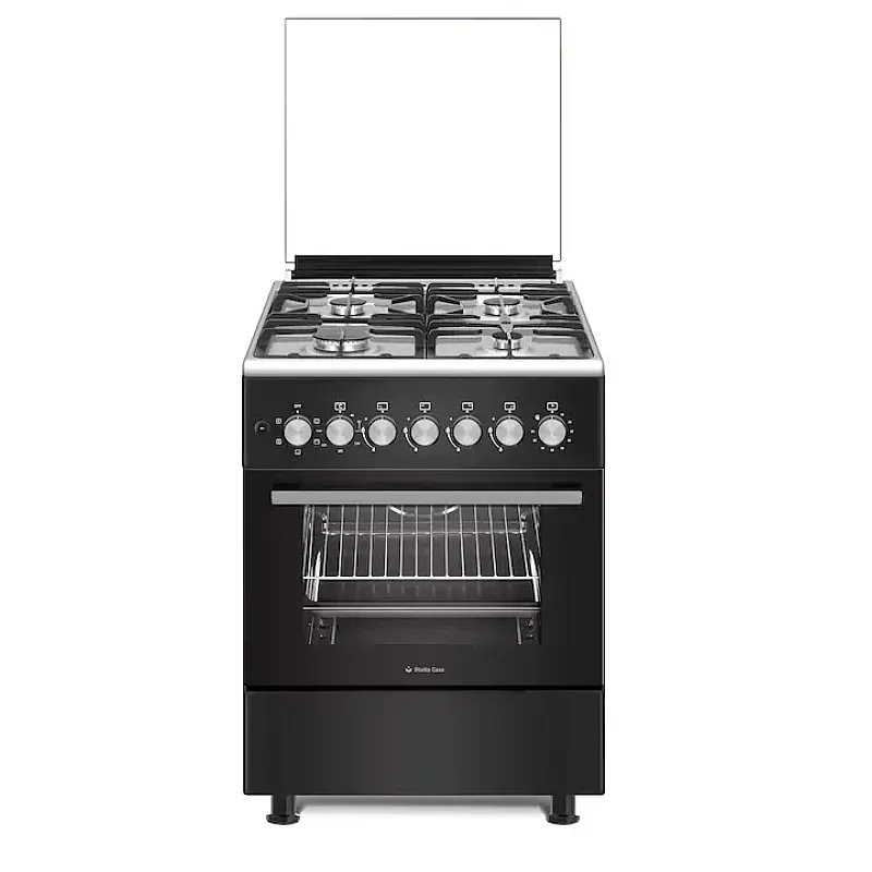 Pachet Aragaz mixt Studio Casa Bruno FE57/57 cm si Hota decorativa, Cuptor electric, 4 arzatoare gaz, Rotisor, Ventilator, 5 functii, Clasa energetica A, Aprindere electrica plita, Gratare fonta, Negru - Studiocasa.ro