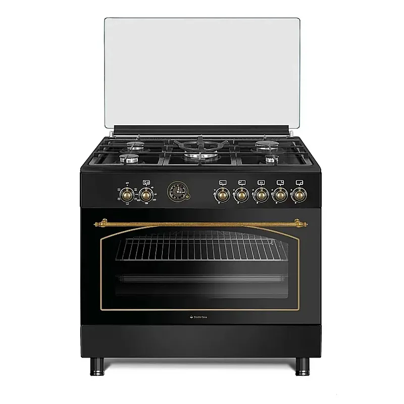 Pachet Aragaz rustic 5 arzatoare gaz, Negru, 90 cm, Ravena Antracit Studio Casa,  rotisor, cuptor electric cu ventilatie, Gratare fonta + Hota ST2196 inox - Studiocasa.ro