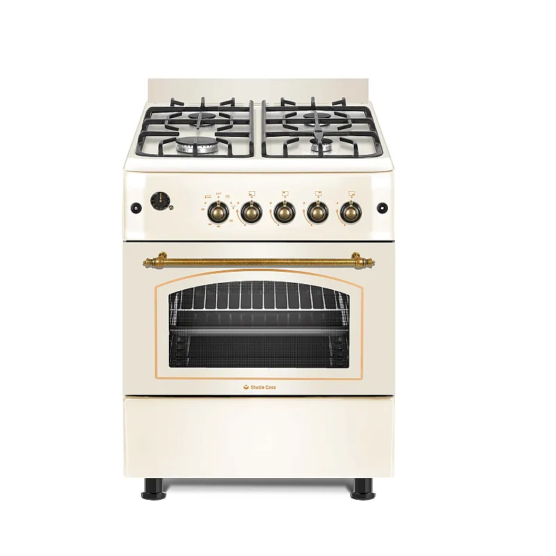 Pachet Aragaz Rustic Studio Casa Sienna Fe60/60G + Hota Onda Beige, Rotisor, Cuptor Pe Gaz, 4 Arzatoare Gaz, Grill Gaz, Ventilator, Gratare Fonta, 60 Cm, Culoare Crem - Studiocasa.ro