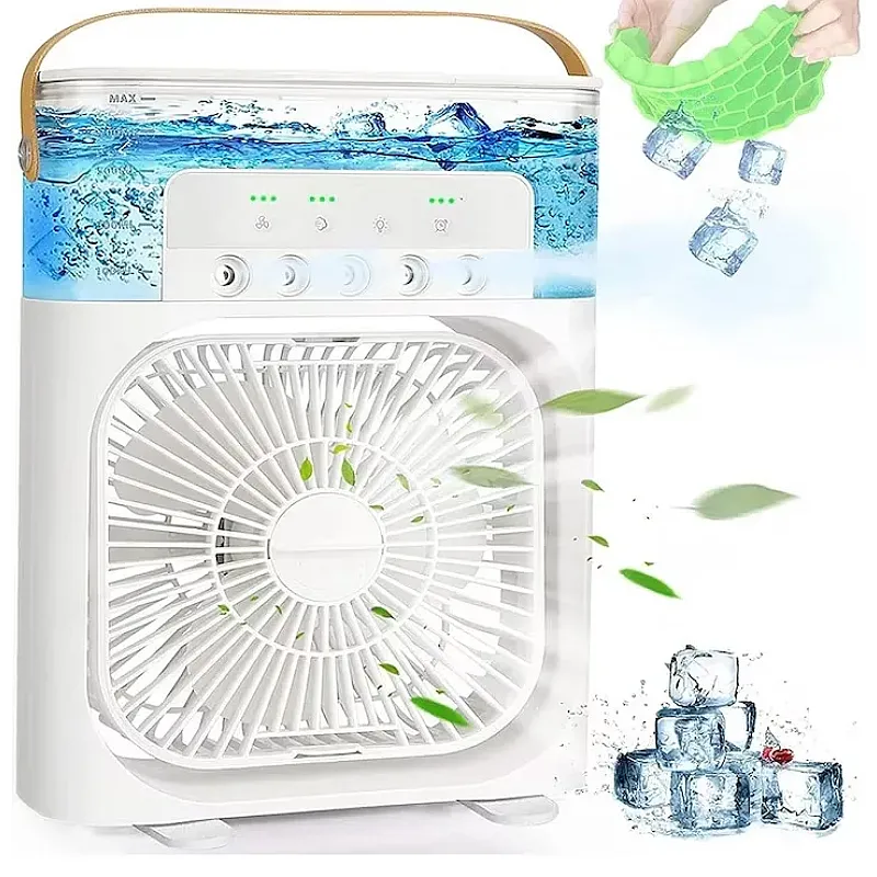 Ventilator portabil 3 in 1 cu pulverizare: racorire, umidificare si iluminare in 7 culori - Studiocasa.ro