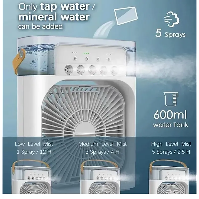 Ventilator portabil 3 in 1 cu pulverizare: racorire, umidificare si iluminare in 7 culori - Studiocasa.ro