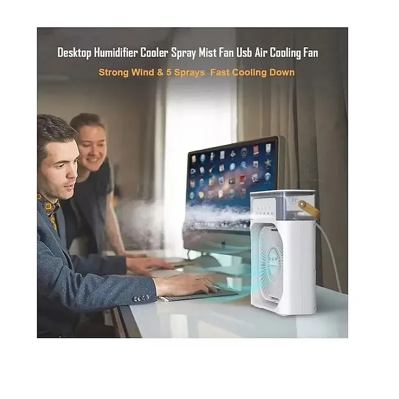 Ventilator portabil 3 in 1 cu pulverizare: racorire, umidificare si iluminare in 7 culori - Studiocasa.ro