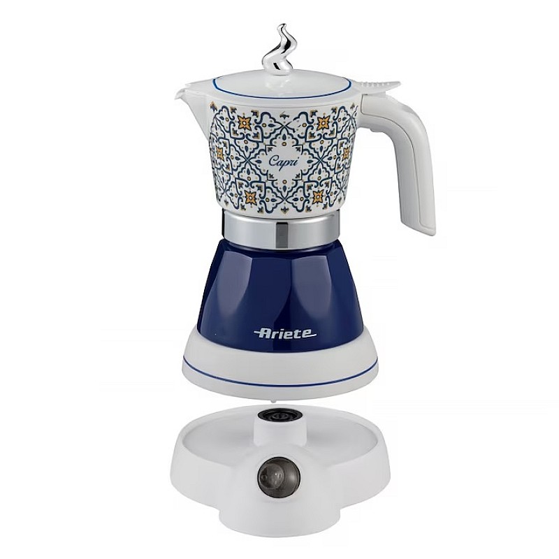 Cafetiera electrica Ariete Moka Vintage Capri 1358/1C, 400 W, 4 cesti, Baza rotativa la 360°, Alb/Albastru - Studiocasa.ro