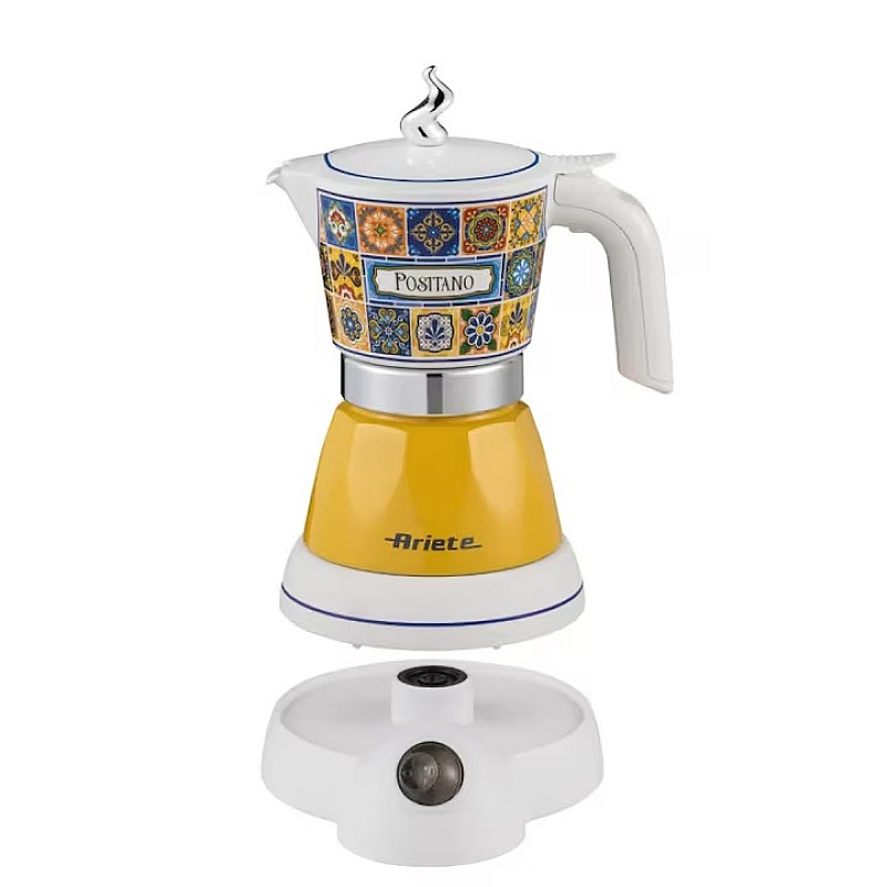 Ariete Moka Vintage Positano 1358/1P Aparat electric de cafea, 400 W, 4 cesti, utilizare fara cablu, baza rotativa la 360 de grade, alb/galben - Studiocasa.ro