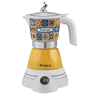 Ariete Moka Vintage Positano 1358/1P Aparat electric de cafea, 400 W, 4 cesti, utilizare fara cablu, baza rotativa la 360 de grade, alb/galben