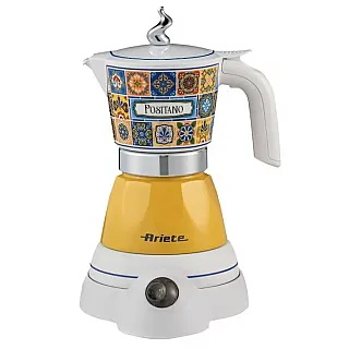 Ariete Moka Vintage Positano 1358/1P Aparat electric de cafea, 400 W, 4 cesti, utilizare fara cablu, baza rotativa la 360 de grade, alb/galben