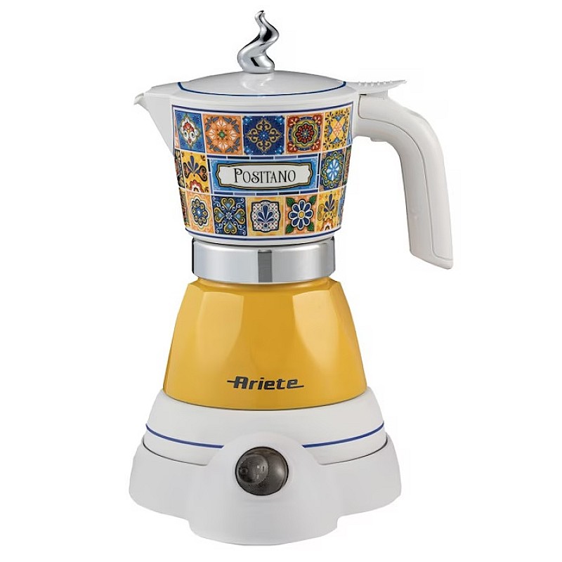 Ariete Moka Vintage Positano 1358/1P Aparat electric de cafea, 400 W, 4 cesti, utilizare fara cablu, baza rotativa la 360 de grade, alb/galben - Studiocasa.ro