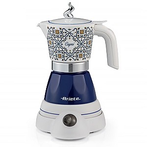 Cafetiera electrica Ariete Moka Vintage Capri 1358/1C, 400 W, 4 cesti, Baza rotativa la 360°, Alb/Albastru