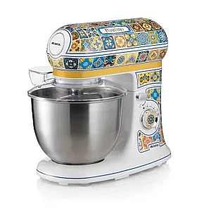 Mixer planetar Ariete Positano 1588/0P, 2400W, 5.5 L, 7 viteze, Pulse, Design retro, Accesorii, Alb/Galben