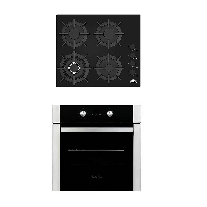 Pachet Cuptor Electric Incorporabil, Studio Casa Venezia Clasic, Ln605Blk, 56L, Clasa A, Termostat, 8 Functii + Plită pe gaz incorporabilă Nuova Cucina, 60cm, 4 arzătoare, Wok, sticlă neagră - Studiocasa.ro