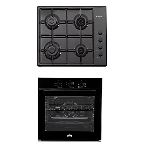 Pachet Cuptor electric incorporabil Nuova Cucina, 60 cm, sticlă neagră, 6 funcții, curățare catalitică, Clasa A + Plita pe gaz Studio Casa PG660 ISEO Black, 4 arzatoare gaz