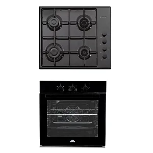 Pachet Cuptor electric incorporabil Nuova Cucina, 60 cm, sticlă neagră, 6 funcții, curățare catalitică, Clasa A + Plita pe gaz Studio Casa PG660 ISEO Black, 4 arzatoare gaz