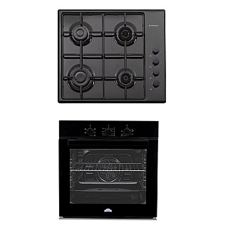 Pachet Cuptor electric incorporabil Nuova Cucina, 60 cm, sticlă neagră, 6 funcții, curățare catalitică, Clasa A + Plita pe gaz Studio Casa PG660 ISEO Black, 4 arzatoare gaz