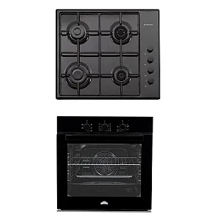 Pachet Cuptor electric incorporabil Nuova Cucina, 60 cm, sticlă neagră, 6 funcții, curățare catalitică, Clasa A + Plita pe gaz Studio Casa PG660 ISEO Black, 4 arzatoare gaz