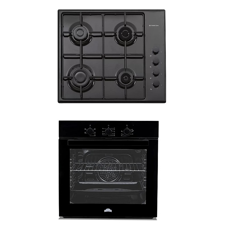 Pachet Cuptor electric incorporabil Nuova Cucina, 60 cm, sticlă neagră, 6 funcții, curățare catalitică, Clasa A + Plita pe gaz Studio Casa PG660 ISEO Black, 4 arzatoare gaz - Studiocasa.ro