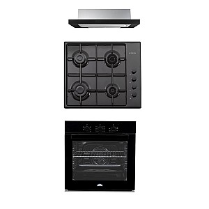 Pachet Cuptor electric incorporabil Nuova Cucina, 60 cm, sticlă neagră, 6 funcții, curățare catalitică, Clasa A + Plita pe gaz Studio Casa PG660 ISEO Black, 4 arzatoare gaz+Hota incorporabila telescopica Studio Casa Iseo New Black