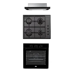 Pachet Cuptor electric incorporabil Nuova Cucina, 60 cm, sticlă neagră, 6 funcții, curățare catalitică, Clasa A + Plita pe gaz Studio Casa PG660 ISEO Black, 4 arzatoare gaz+Hota incorporabila telescopica Studio Casa Iseo New Black