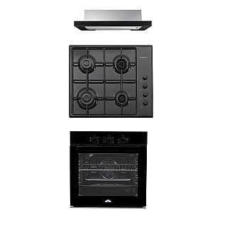 Pachet Cuptor electric incorporabil Nuova Cucina, 60 cm, sticlă neagră, 6 funcții, curățare catalitică, Clasa A + Plita pe gaz Studio Casa PG660 ISEO Black, 4 arzatoare gaz+Hota incorporabila telescopica Studio Casa Iseo New Black