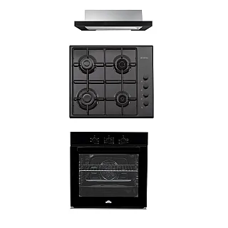 Pachet Cuptor electric incorporabil Nuova Cucina, 60 cm, sticlă neagră, 6 funcții, curățare catalitică, Clasa A + Plita pe gaz Studio Casa PG660 ISEO Black, 4 arzatoare gaz+Hota incorporabila telescopica Studio Casa Iseo New Black