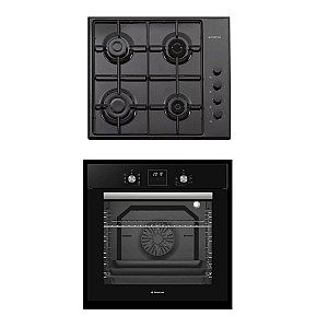 Pachet Cuptor electric incorporabil Studio Casa Ambra Nero FE808, 8 functii, Ventilator, Timer digital, 80 l, Grill electric, Clasa energetica A, Sticla neagra + Plita pe gaz Studio Casa PG660 ISEO Black, 4 arzatoare gaz